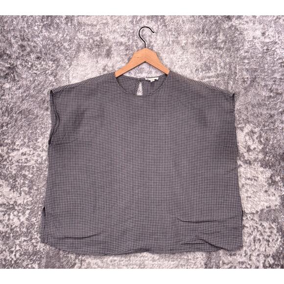 Eileen Fisher Top Medium Womens Organic Linen Gray Gingham Picnic Check Oversize - Picture 1 of 7